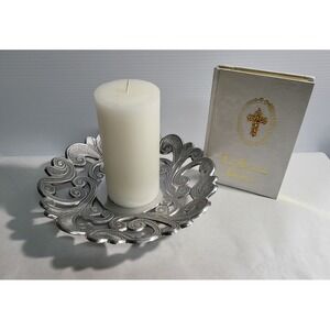 Vintage‎ Ornate 9x9' Candle Holder Plate Silver Decorative Accent Centerpiece